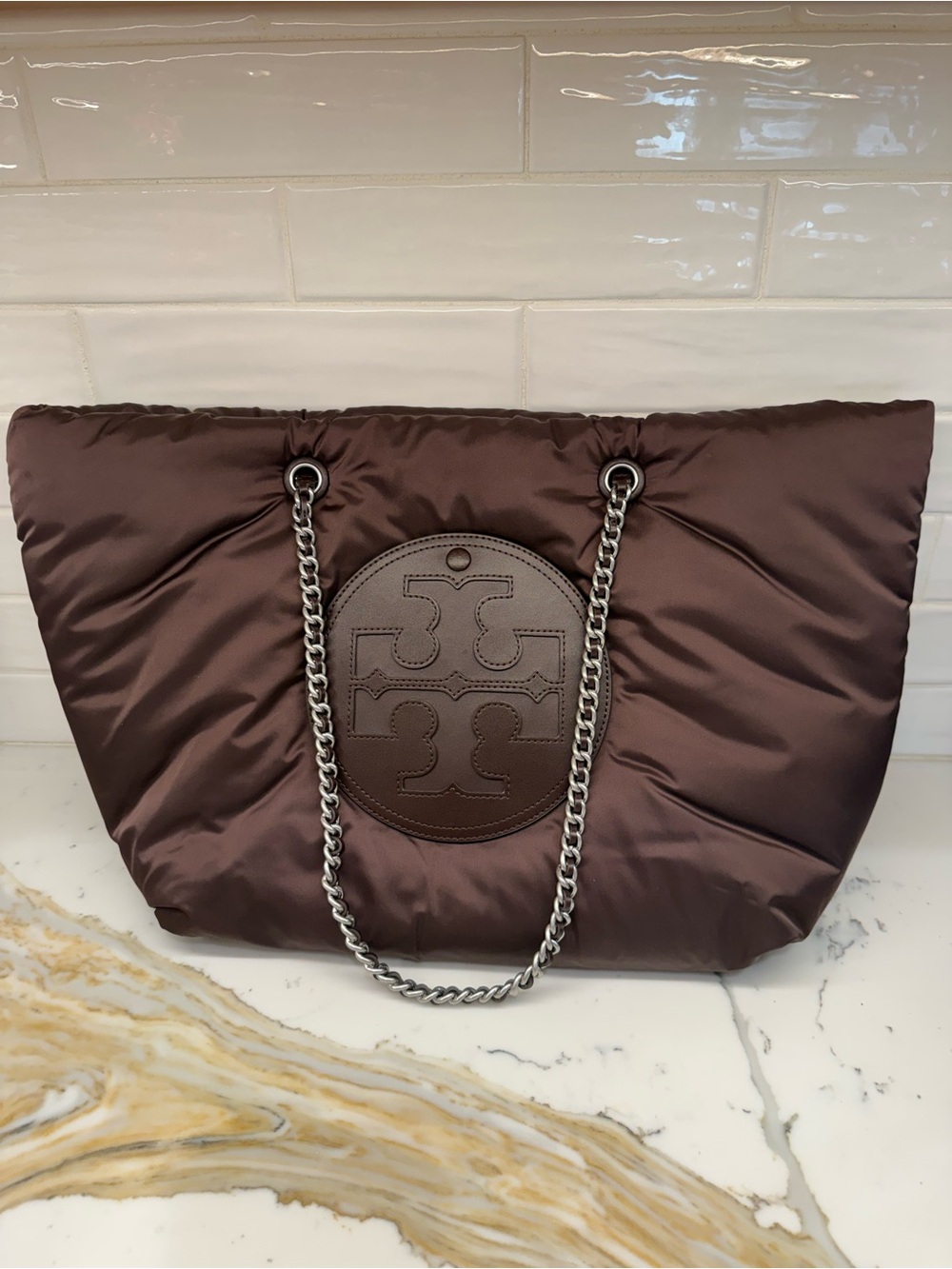 Tory Burch Brown Quilted Nylon Ella Tote with Chain Handles